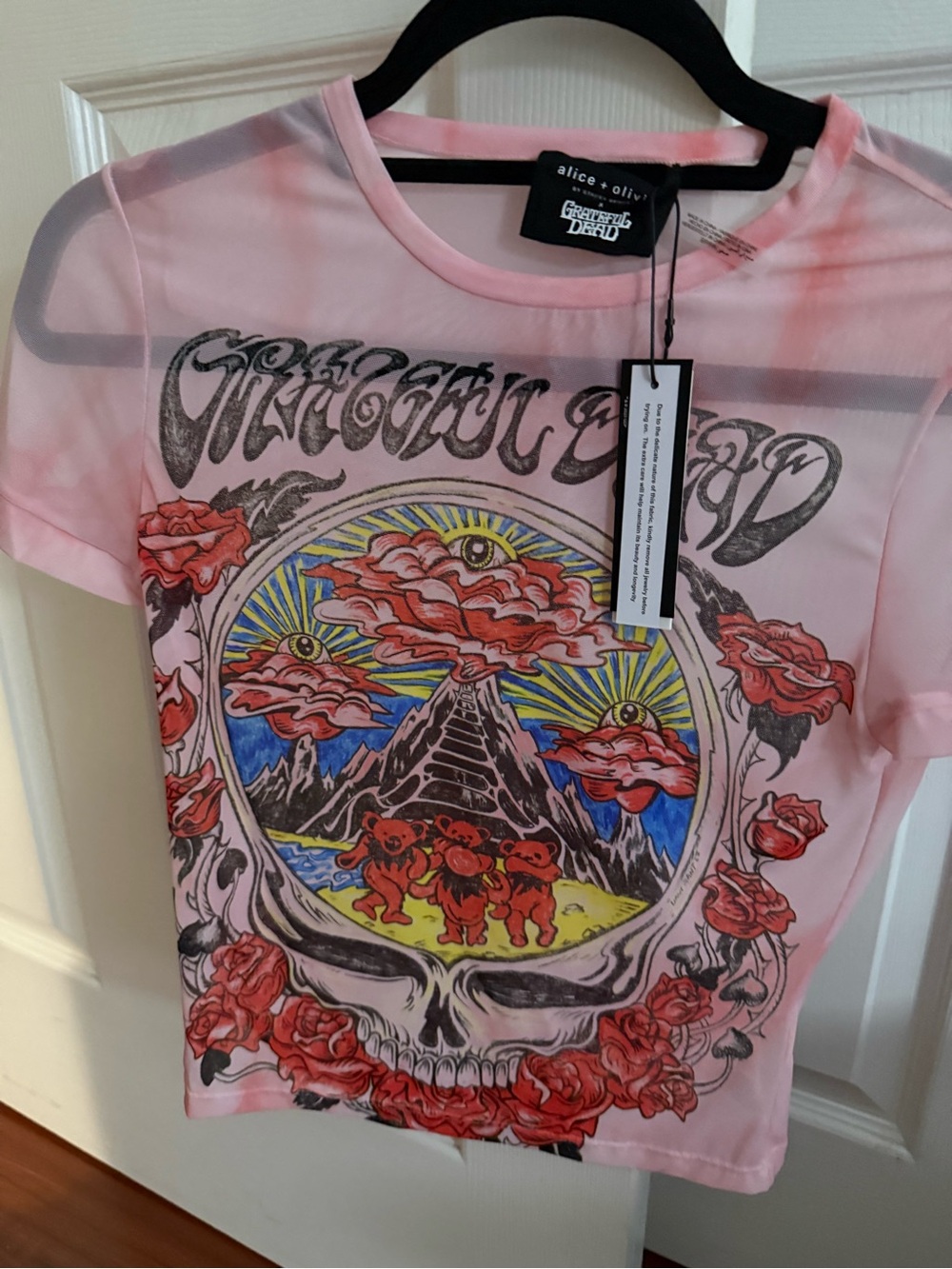 Alice + Olivia Pink Mesh Tee with Multicolor Grateful Dead Graphic